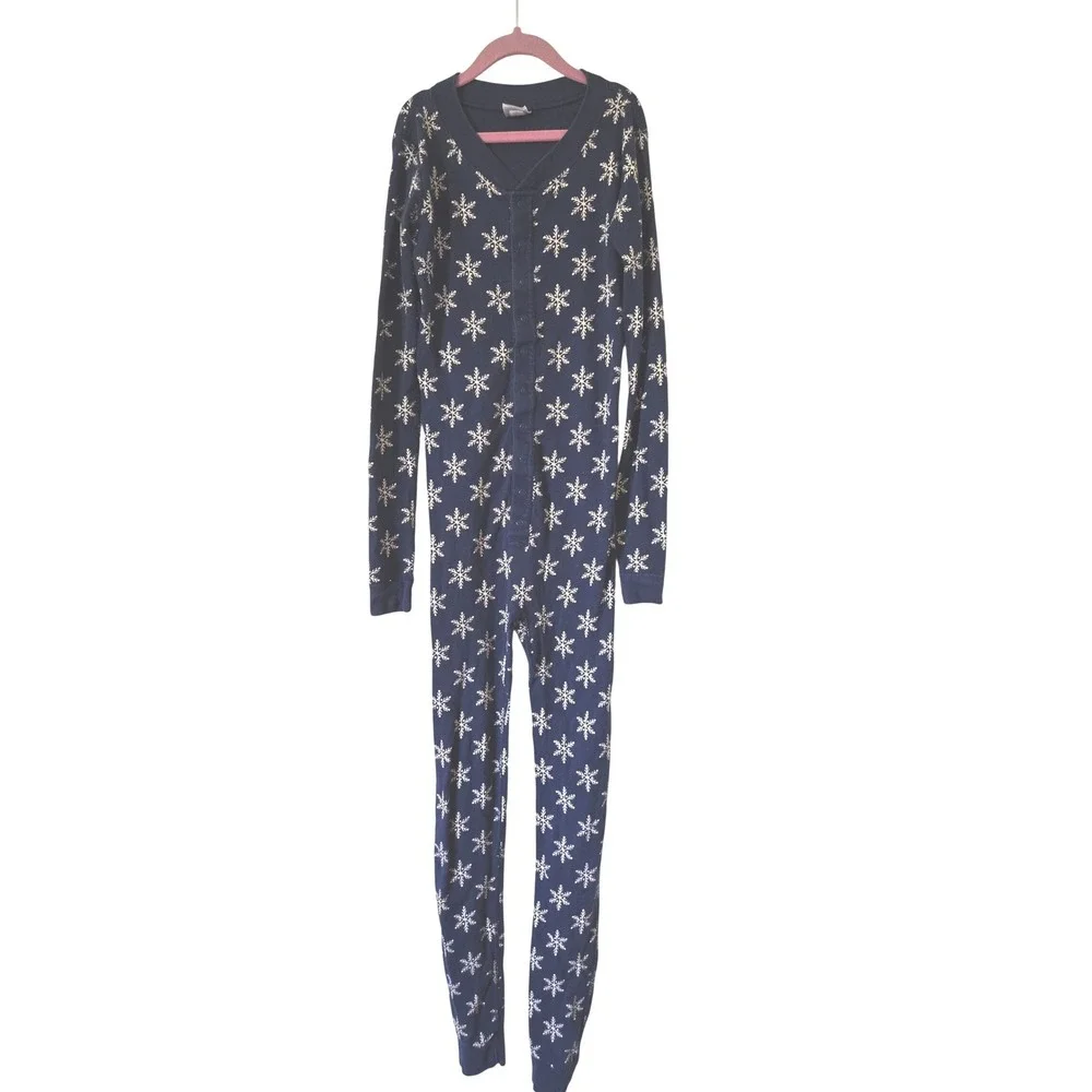 Hanna Andersson 12 Pajamas One-piece Blue Snowflake Organic Cotton Long John